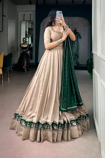 women beige chanderi silk embroidered border flared lehenga choli with dupatta - free size