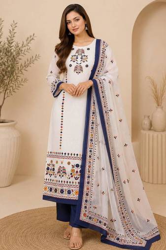 White cotton poly printed kurta set