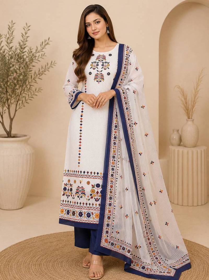 White cotton poly printed kurta set