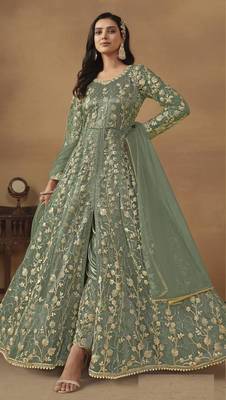 Green net embroidered anarkali set 1