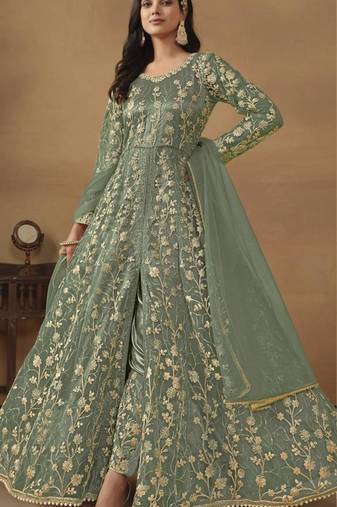 Green net embroidered anarkali set