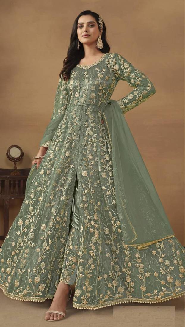 Green net embroidered anarkali set