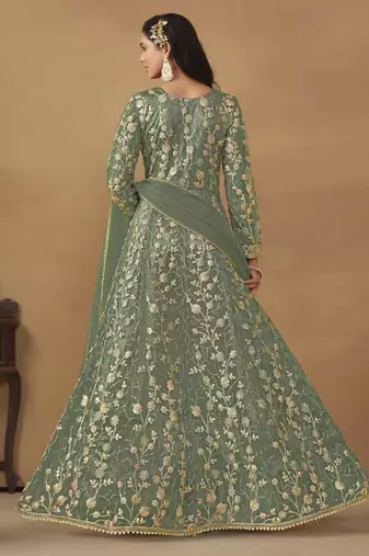 Green net embroidered anarkali set