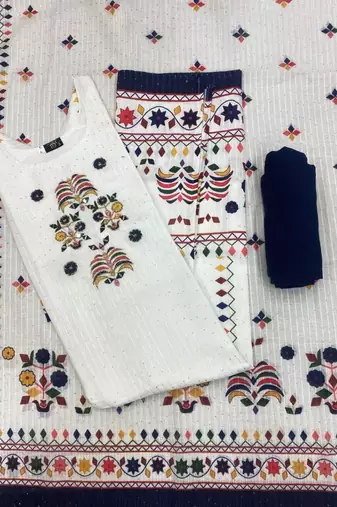 White cotton poly printed kurta set