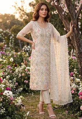 Cream organza hand embroidery kurta set 1