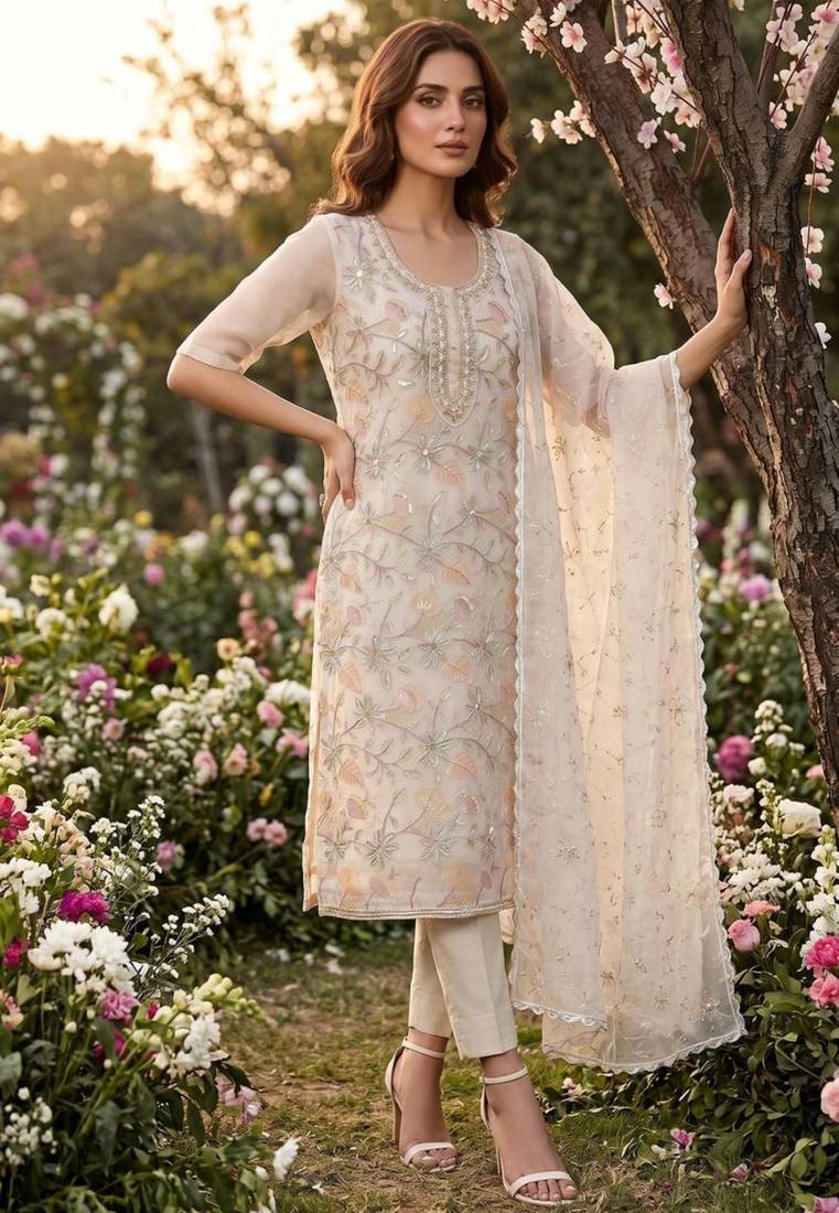 Cream organza hand embroidery kurta set