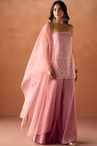 Pink viscose embroidered palazzo set