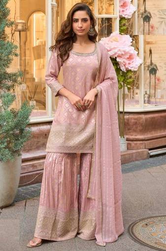 Pink silk blend embroidered sharara set