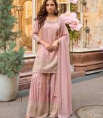 Pink silk blend embroidered sharara set