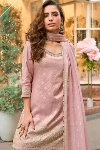 Pink silk blend embroidered sharara set