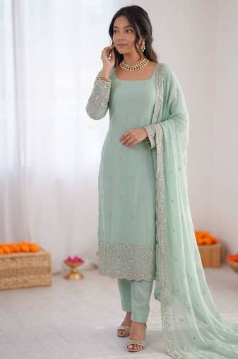 Sea-green georgette thread embroidery kurta set