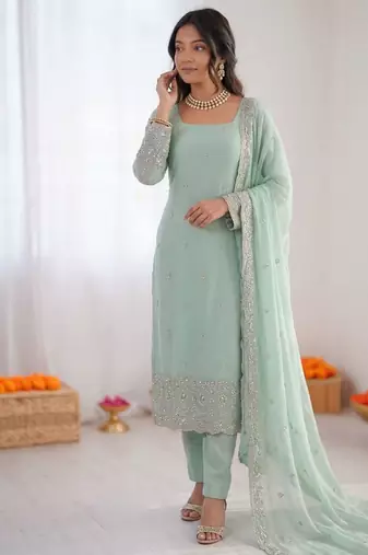 Sea-green georgette thread embroidery kurta set