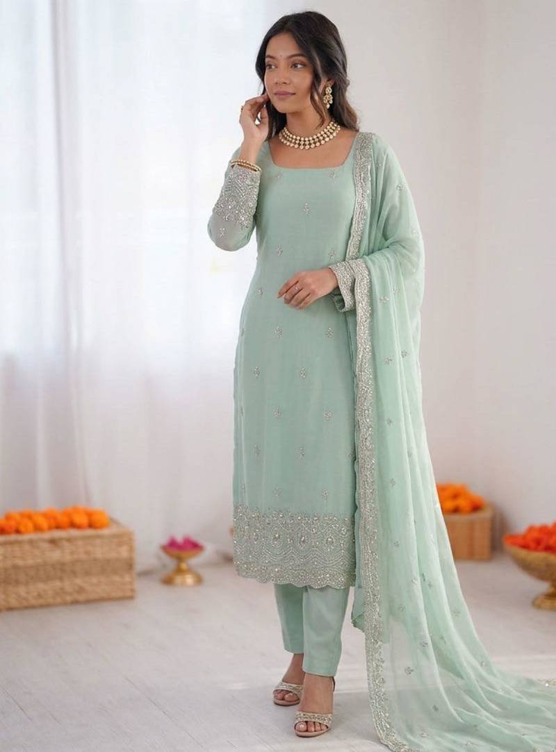 Sea-green georgette thread embroidery kurta set
