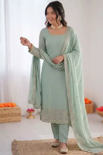 Sea-green georgette thread embroidery kurta set