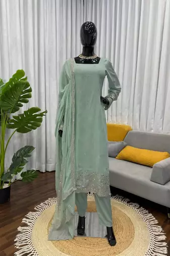 Sea-green georgette thread embroidery kurta set