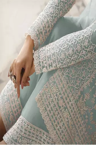 Green net embroidered farshi salwar set