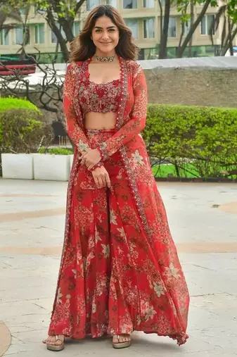 Red silk embroidered palazzo set