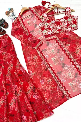 Red silk embroidered palazzo set