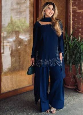 Navy-blue crepe embroidered farshi salwar set 1