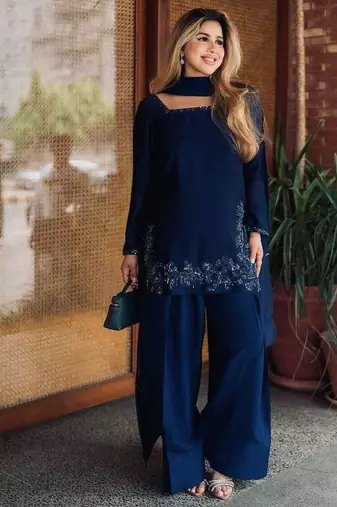 Navy-blue crepe embroidered farshi salwar set