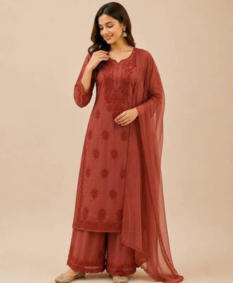 Brown faux georgette embroidered palazzo set 1