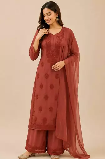 Brown faux georgette embroidered palazzo set