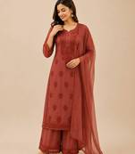 Brown faux georgette embroidered palazzo set