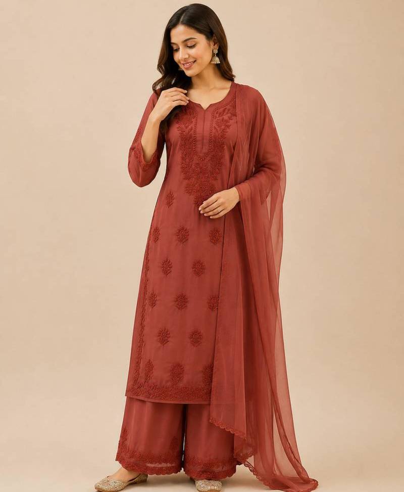 Brown faux georgette embroidered palazzo set