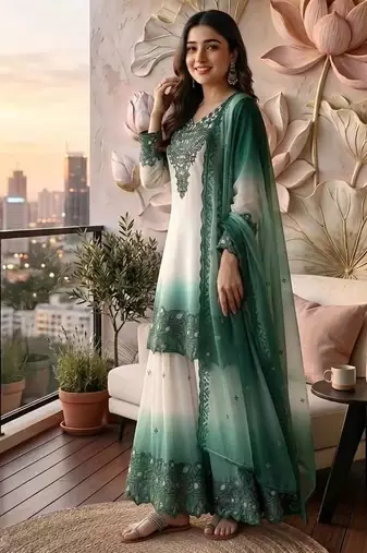Teal And White Color Embroidery And Thread Work Georgette Salwar Suit