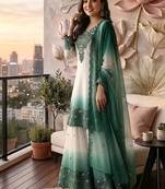 Teal And White Color Embroidery And Thread Work Georgette Salwar Suit