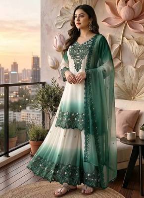 Teal And White Color Embroidery And Thread Work Georgette Salwar Suit 2