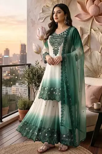 Teal And White Color Embroidery And Thread Work Georgette Salwar Suit
