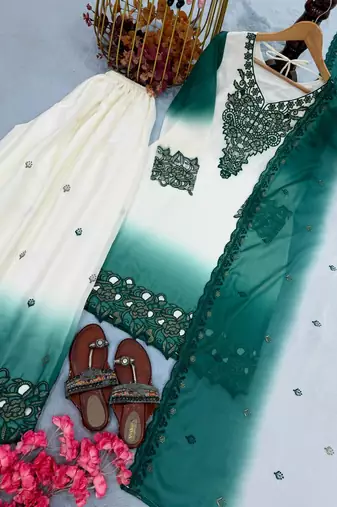 Teal And White Color Embroidery And Thread Work Georgette Salwar Suit