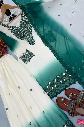 Teal And White Color Embroidery And Thread Work Georgette Salwar Suit