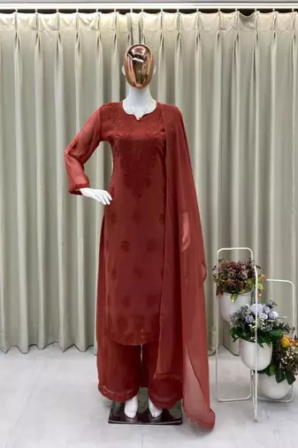 Brown faux georgette embroidered palazzo set