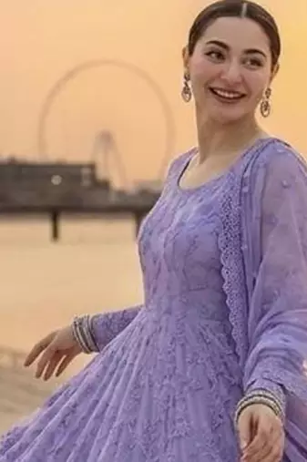 Lavender georgette embroidered flared gown set