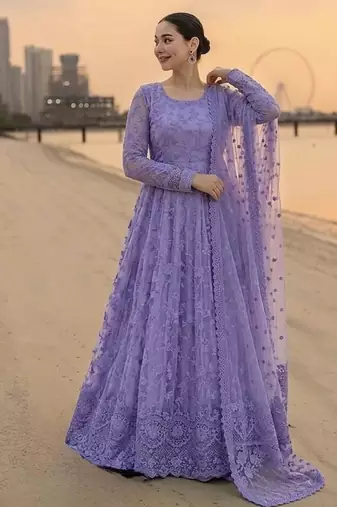 Lavender georgette embroidered flared gown set