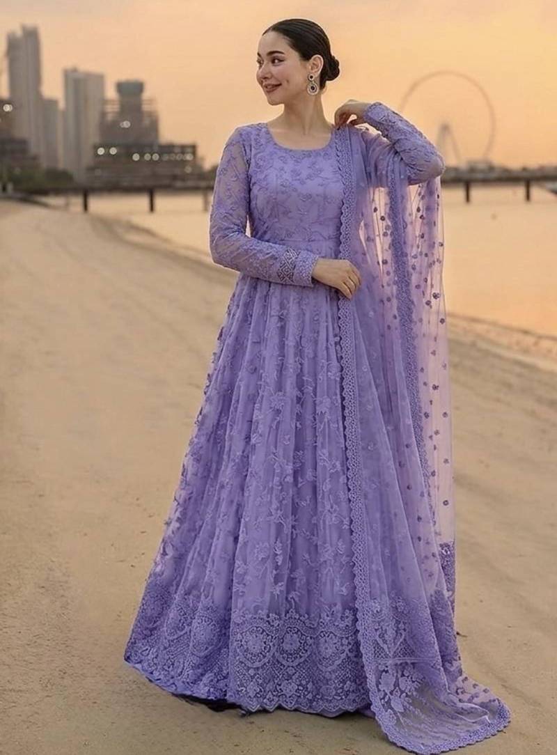 Lavender georgette embroidered flared gown set