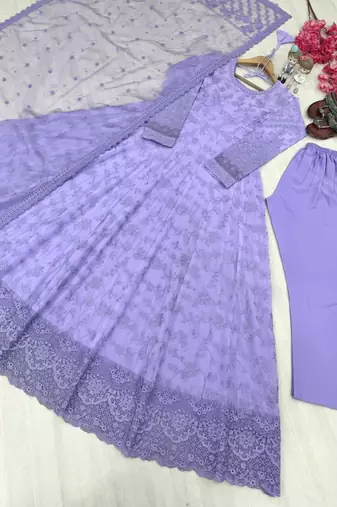 Lavender georgette embroidered flared gown set