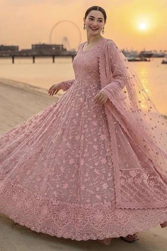 Peach georgette embroidered flared gown set