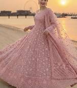 Peach georgette embroidered flared gown set