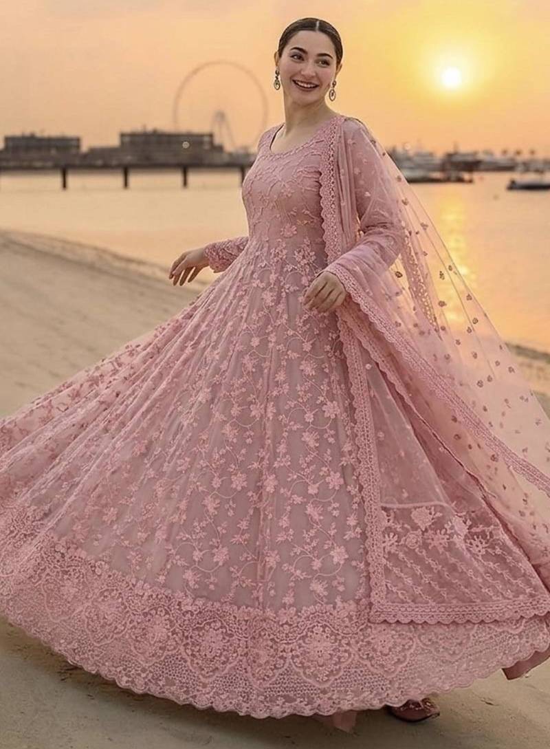 Peach georgette embroidered flared gown set