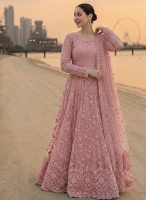Peach georgette embroidered flared gown set 2