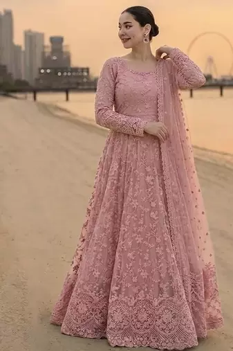 Peach georgette embroidered flared gown set