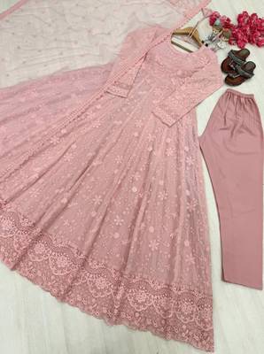 Peach georgette embroidered flared gown set 3