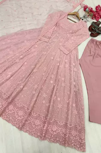 Peach georgette embroidered flared gown set