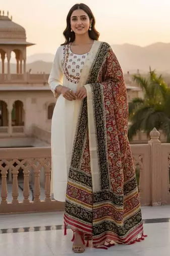 Cream khadi embroidered kurta set