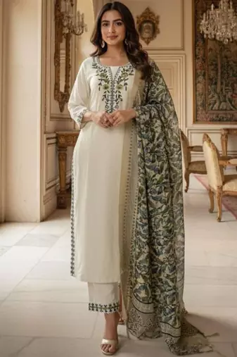 Cream khadi embroidered kurta set