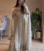 Off-white silk blend embroidered flared gown set