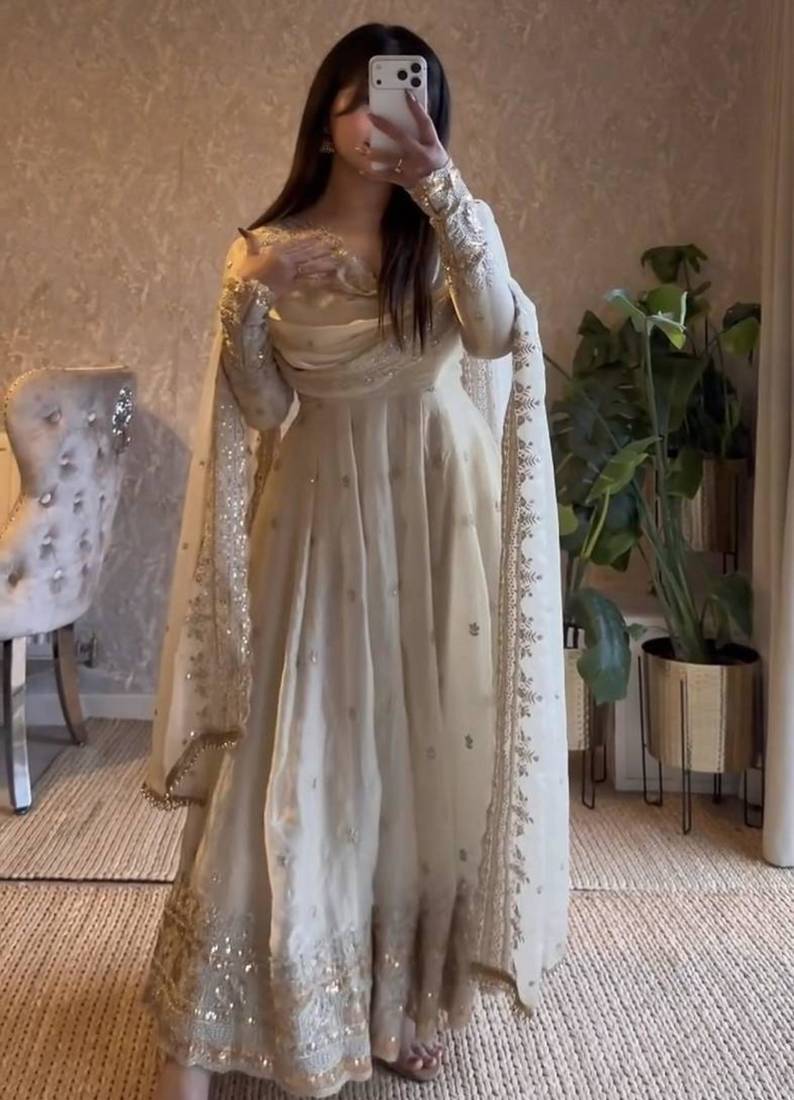 Off-white silk blend embroidered flared gown set